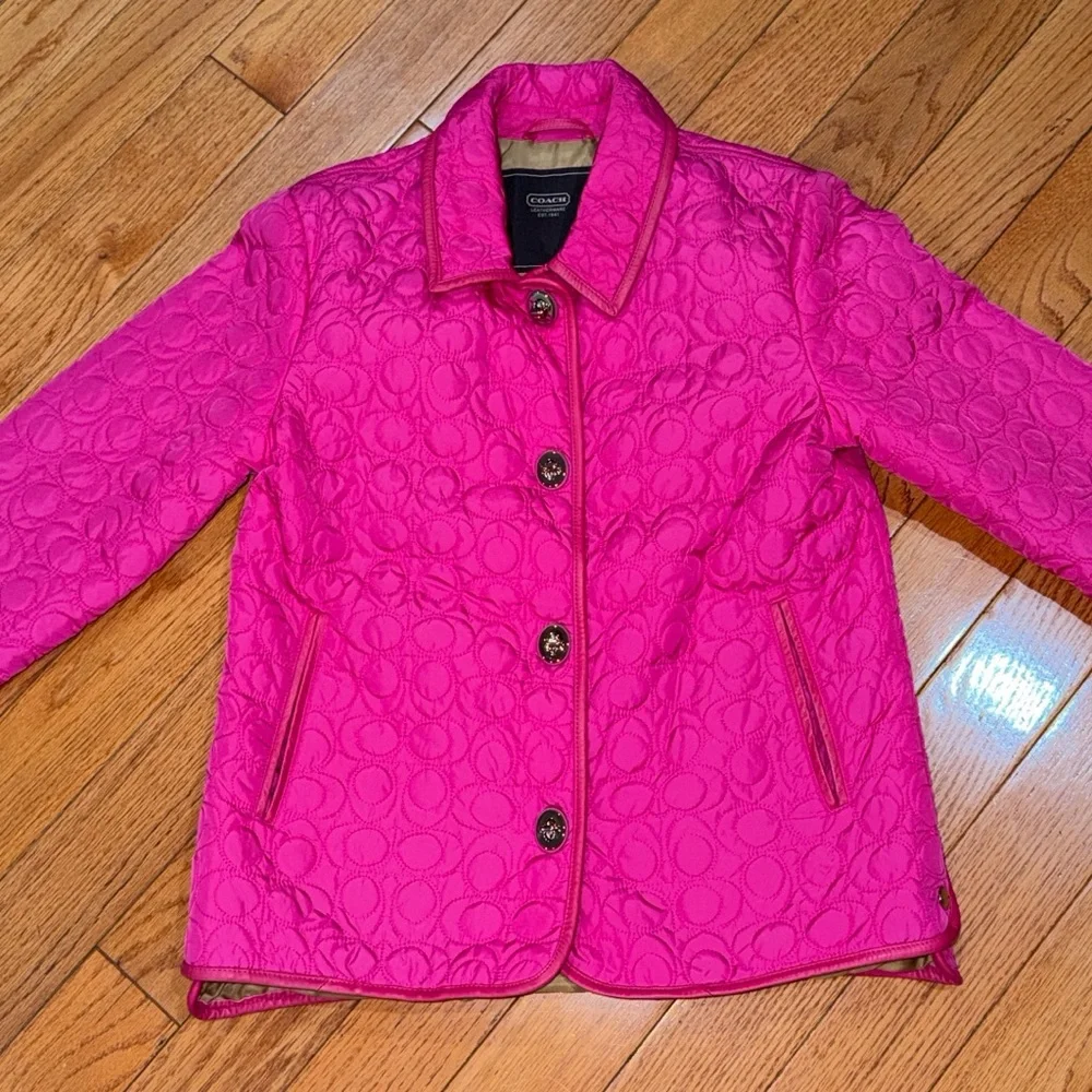 ‼️Coach Pink Logo Quilted Turnlock Leather Trim Jacket - Picture 1 of 7